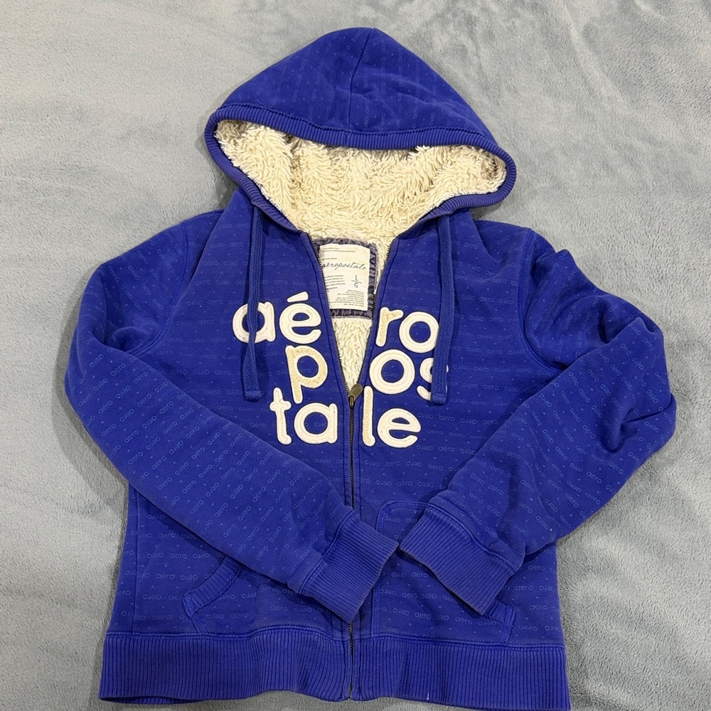 Aeropostale Girls Royal Blue Sherpa-Lined Hooded Zip Jacket